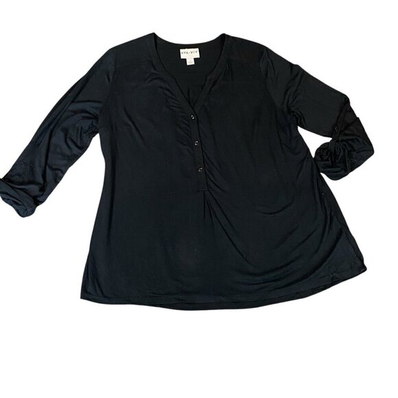 AVA & VIV  V-Neck Stretch Top Roll Tab Sleeve Womens Plus Sz 1X Black #215D - Picture 2 of 6